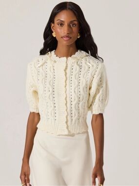 ASTR the label  Cream Bow Detail Cable Knit Cardigan